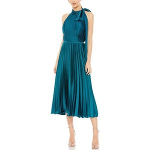 Mac Duggal Pleated High Neck Kitten Bow Midi Dress, Teal, size 20